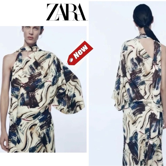 Zara Tops - Zara limited edition abstract print asymmetrical one shoulder tie neck blouse M